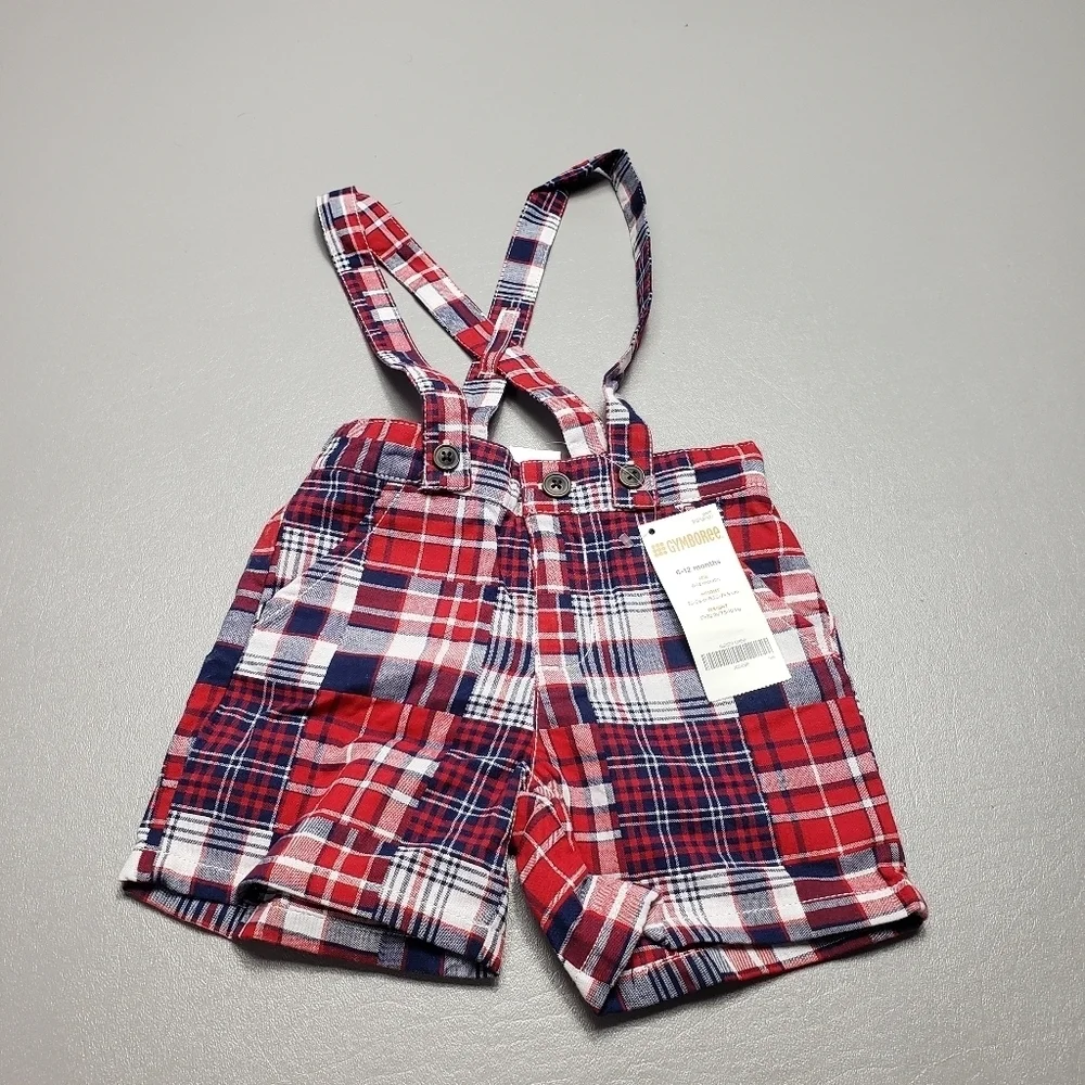 New gymboree blue and red plaid overall shorts babys size 6-12 months